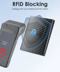 RFID Blocking Wallet For Men With Pop Up Card Holder And Trifold Slim Design showing RFID security protection next to card scanner