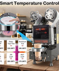 Rock Solid Fully Automatic Cup Sealer showing smart temperature control for sealing 90 to 95 mm cups.