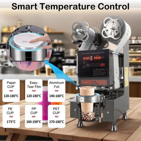 Rock Solid Fully Automatic Cup Sealer showing smart temperature control for sealing 90 to 95 mm cups.