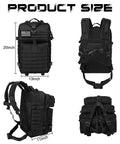 Heavy Duty 45L Tactical Backpack For Men With MOLLE System And 3 Day Bug Out Bag Design shown with dimensions in four views
