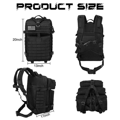 Heavy Duty 45L Tactical Backpack For Men With MOLLE System And 3 Day Bug Out Bag Design shown with dimensions in four views