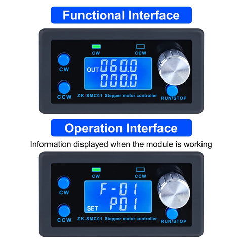 Two ZK-SMC01 stepper motor controllers with blue LCD displays and blue knobs.