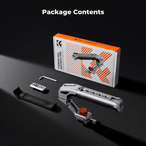 Dual Mount Camera Top Handle With NATO Clamp And ARRI Locating Pins package contents shown on black background