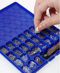 Complete Eyeglass Repair Kit With 1000 PCS In 32 Slot Blue Case showing assorted screws and tools in compartments.