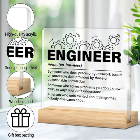 Engineer Gifts For Women And Men Nerdy But Nice Clear Acrylic Desk Sign Decor For Office Classroom Dorm Perfect For Engineering Student Appreciation Birthday Graduation Or Retirement Gift Idea. Acrylic sign with wood stand on desk.