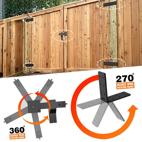 Heavy Duty Gate Hinge and Latch Set 2 Pack, 270 Degree Full Swing for Wood Fence, rust-resistant black hardware on wood gate