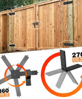 Heavy Duty Gate Hinges And Latch Set 4 Pack 270 Degree Full Swing black hinges on wood fence showing installation points.