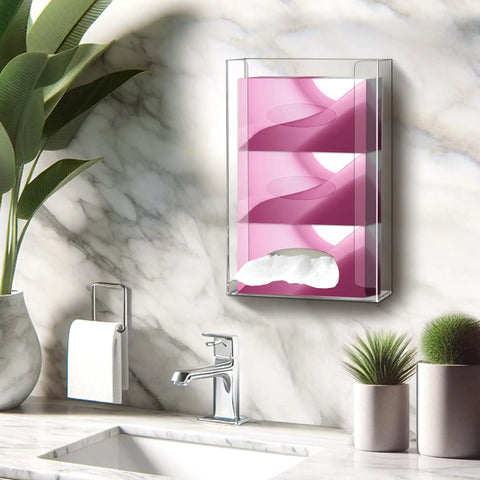 Wall-mounted clear acrylic glove box holder with three pink boxes, installed above a bathroom sink; includes mounting hardware.