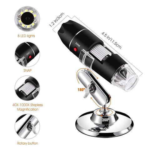 Handheld Digital Microscope 40X To 1000X With 8 LED Endoscope Camera Carrying Case And Solid Metal Stand Compatible With Android Windows 7 8 10 11 Linux Mac Not For iPhone iPad Great For Tiny Details And Gearheads, black microscope on metal stand