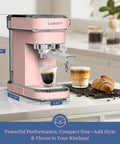 Professional Espresso Machine With 20 Bar Pump And Milk Frother Steam Wand For Cappuccino And Latte At Home Stainless Steel Easy To Use Great Gift For Women Wives Daughters Moms Pink on countertop