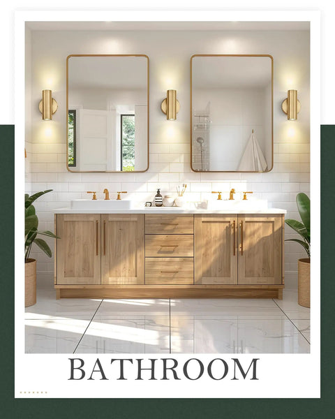 Two Pack Brass Gold Wall Sconces With Up And Down Lighting For Indoor Use Slick Modern Rustic Style shown in bathroom