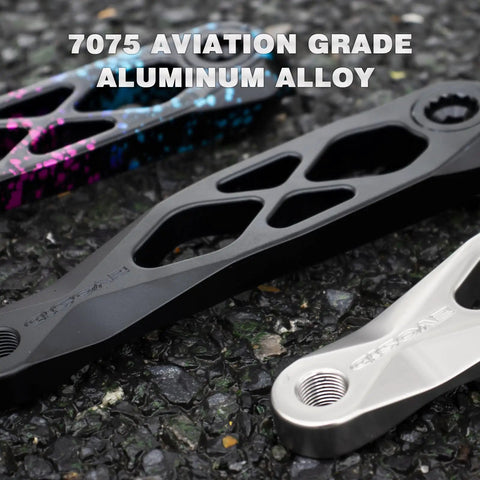 Beefy Mountain Bike Crankset 7075 aluminum alloy arms, black and silver, enduro design, CNC machined, details visible