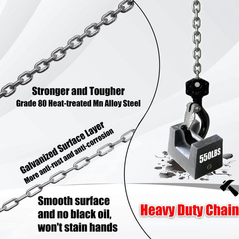 Heavy duty chain hoist showcasing the Manual Chain Hoist 0.25 Ton 550 Lbs Capacity 10 Foot Lift 360 Degree Rotatable Chain Block With Dual Safety Hooks.