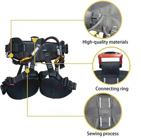 Close-up of Half Body Tree Climbing Harness for Men with Thick Waist Cushion showing high-quality materials and connecting ring.