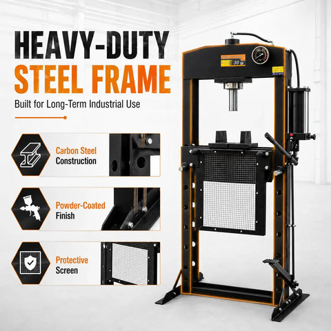 Heavy Duty Air Hydraulic Shop Press With Foot Pedal Totally Badass Rig that features a carbon steel frame and protective screen.
