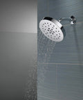 Shower Head With H2Okinetic Technology, 4 Setting UltraSoak Drench Spray, Rainfall Like Coverage, polished nickel on tiled wall