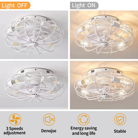 20 Inch Caged Ceiling Fan With Lights Remote Ultra Quiet Copper Motor 3 Speeds Reversible For Farmhouse Style White Finish