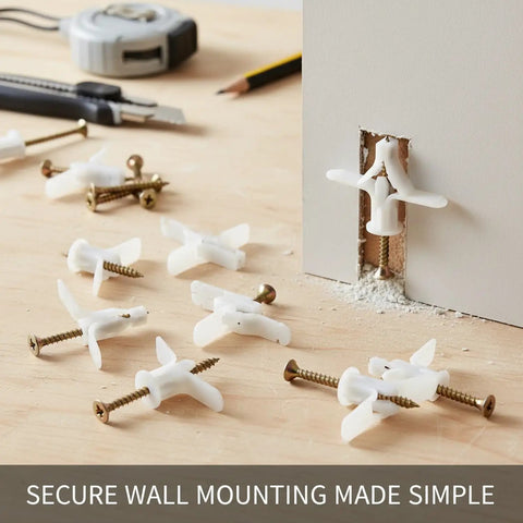 50 Pack Drywall Toggle Anchors With Carbon Steel Screws For Hollow Walls Nylon Mounting Kit showing installation in wall