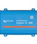 Phoenix 500VA 12V To 120V Pure Sine Wave Inverter with NEMA GFCI Outlet, blue casing, top view.