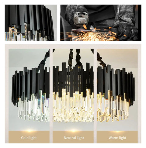 Stylish Black Stainless Steel LED Crystal Pendant Light Dope Design bright cold white hanging fixture showing design variations in light.