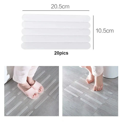 Person stepping on grey floor with Grippy Non Slip Bathtub And Shower Stickers Set 24 Pieces 8 By 0.8 Inch Anti Skid Treads Tape.