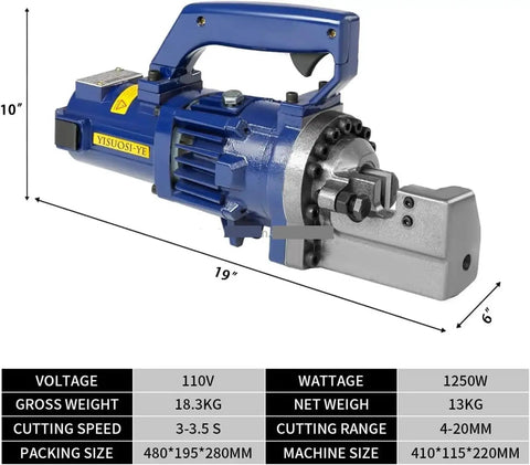 Cordless Electric Rebar Cutter RC-20 Portable Hydraulic Cut-Off Machine Brushless Motor with steel cutting attachment, dimensions 19x10x6 inches.