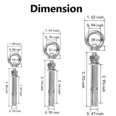 Heavy Duty Stainless Steel Eyebolts For Concrete And Masonry Mounting With Expansion Anchors And Nuts Screws dimensions guide