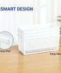 Top Shelf White Plastic Storage Baskets Real Deal Solution For Counters And Under Cabinet Organization With Ventilated Side Walls Comfortable Grip Handles And Effortless Nesting Layout with easy pull handle and nesting design.