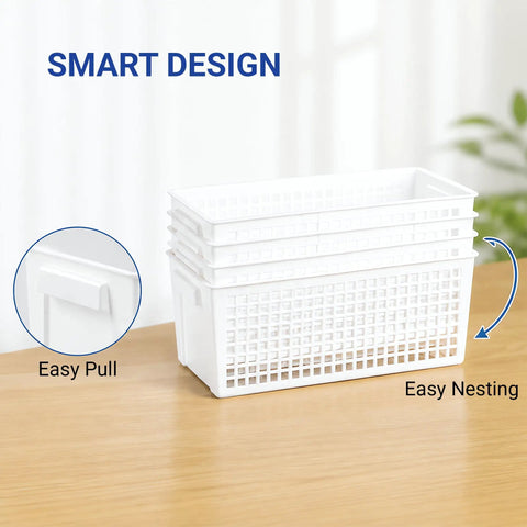Top Shelf White Plastic Storage Baskets Real Deal Solution For Counters And Under Cabinet Organization With Ventilated Side Walls Comfortable Grip Handles And Effortless Nesting Layout with easy pull handle and nesting design.
