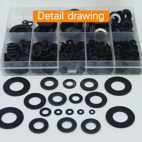 Flat Washer Kit 1100 Pcs Black Zinc Plated Assorted Washers In 9 Sizes M2.5 By 0.2mm to M12 By 24mm displayed in box