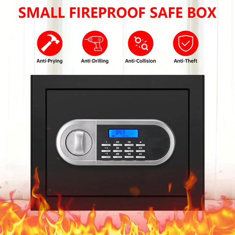 1.3 Cu Ft Fireproof Safe For Home Use with digital lock and fire icons showcasing anti-prying and anti-theft features