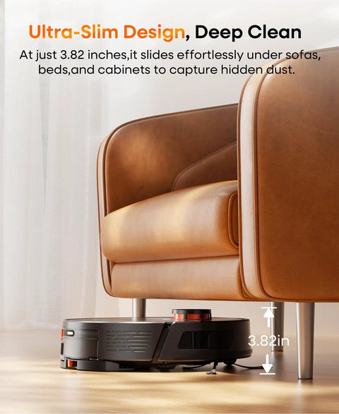 Robot Vacuum And Mop Combo With Self Emptying Station And 7000Pa Suction LiDAR Navigation under a couch at 3.82 inches tall