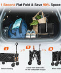Collapsible Wagon Cart With All Terrain Wheels folded in car trunk showing space-saving feature and fold mechanism illustration