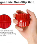 Hand holding red Six Blade Deburring Reamer Tool for pipes, showcasing ergonomic non-slip grip design.