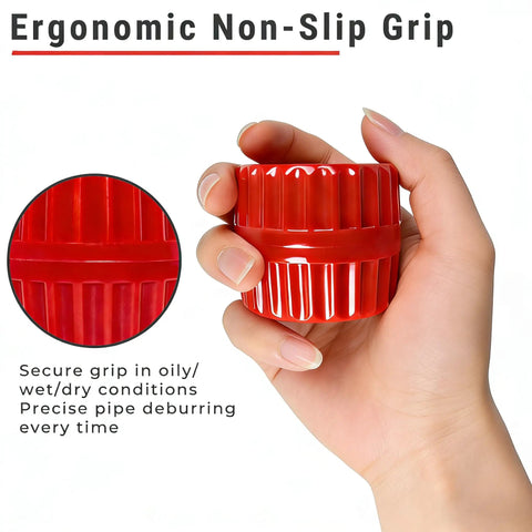 Hand holding red Six Blade Deburring Reamer Tool for pipes, showcasing ergonomic non-slip grip design.