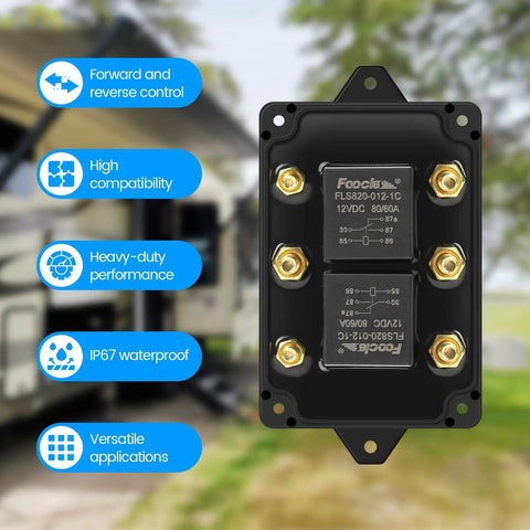 Heavy Duty 12V Forward Reverse Relay Module For Motor Control, IP67 waterproof, featuring brass contacts and compatible for winches and hoists.