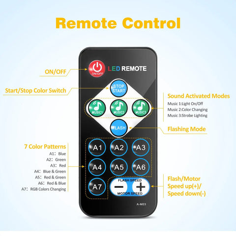 Remote control for Disco Ball Party Lights With Remote Sound Activated RGB Seven Color Strobe DJ Lights Two Pack showing buttons and functions.