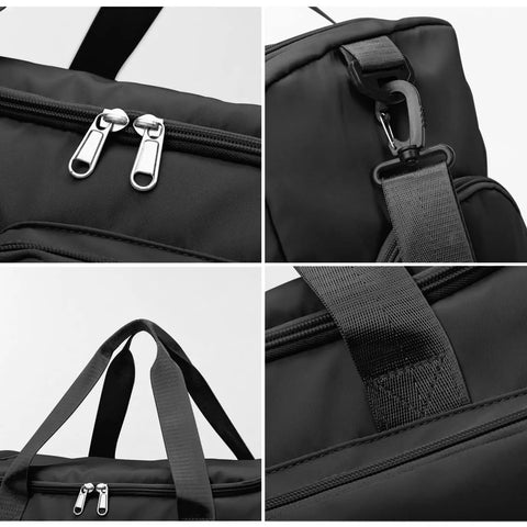 Close-up details of a sturdy black Sports Duffel Bag With Shoe Compartment And Wet Dry Separated Pocket