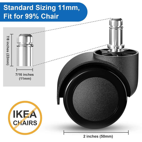 5 Pack Beefed Up 2 Inch Office Chair Casters Heavy Duty Wheels For Smooth Silent Rolling On Wood Floors Or Carpet Rotating Rubber Wheels Replacement Fit For 99 Percent Of Chairs showing dimensions and fit
