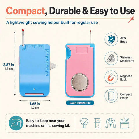 Magnetic 3 In 1 Sewing Tool With Retractable Seam Ripper, Adjustable Fabric Edge Guide, blue and pink with scale and dimensions