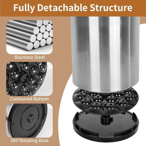 Extra Large Stainless Steel Rotating Utensil Holder For Countertop showing removable base, three compartments, and 360 spin