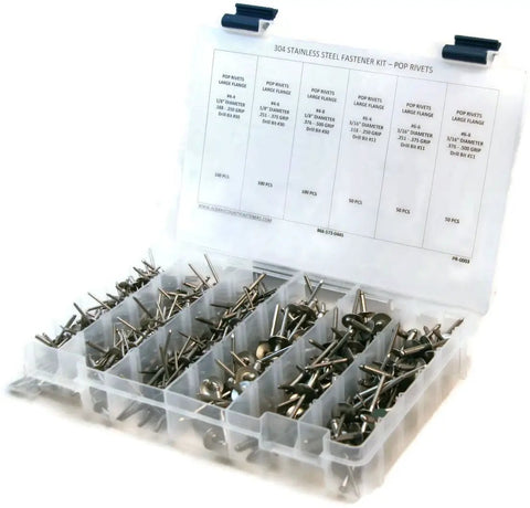 451-Piece Stainless Steel Large Flange Pop Rivet Assortment Kit, 1/8 To 3/16 Inch Rivets, Size Four To Six, 304 Stainless, in organizer box