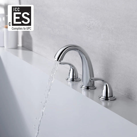 Two Handle Widespread Roman Tub Faucet With Valve Chrome Finish High Flow 12.16 GPM At 60 PSI installed on tub edge