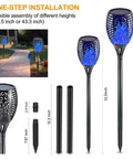 Outdoor Solar Torch Lights 4 Pack With 99 LED Flickering Flame IP65 Waterproof Garden Yard Decor Realistic Torch Effect For Halloween Patio Porch Pathway Lighting And Festive Vibe showing installation steps and height options