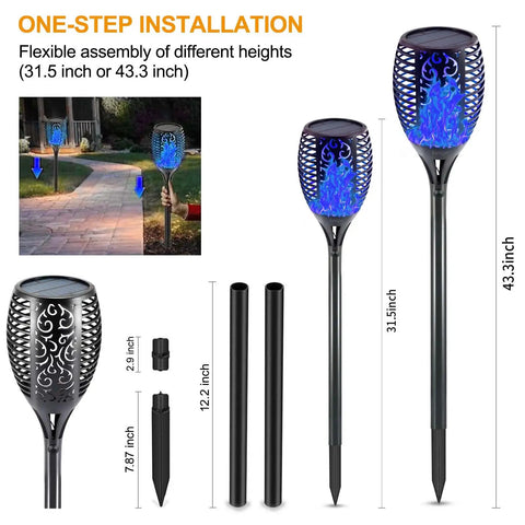 Outdoor Solar Torch Lights 4 Pack With 99 LED Flickering Flame IP65 Waterproof Garden Yard Decor Realistic Torch Effect For Halloween Patio Porch Pathway Lighting And Festive Vibe showing installation steps and height options