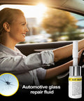 Woman driving with auto glass windshield chip and crack repair kit with repair fluid for cars trucks RVs and sedans shown