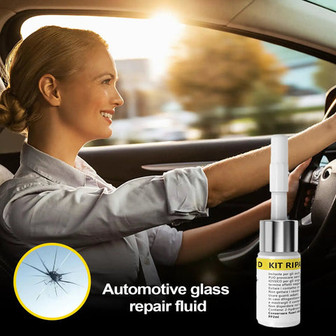 Woman driving with auto glass windshield chip and crack repair kit with repair fluid for cars trucks RVs and sedans shown