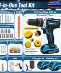 Tough As Nails 21v Cordless Drill Driver Kit With Two Batteries And Five Cleaning Brushes Fifty Nm Torque Garage Ready Heavy Duty Workhorse For Serious Home Repair with drill, brushes, and accessories.
