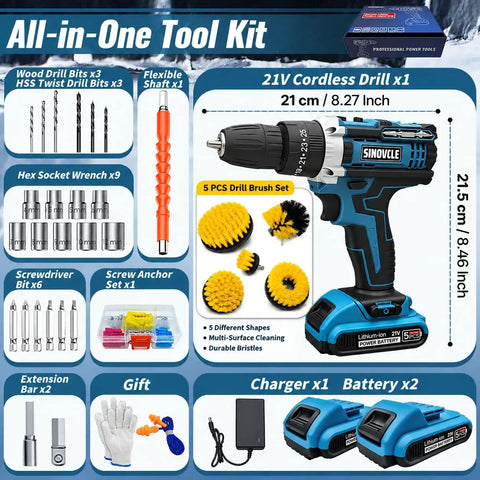 Tough As Nails 21v Cordless Drill Driver Kit With Two Batteries And Five Cleaning Brushes Fifty Nm Torque Garage Ready Heavy Duty Workhorse For Serious Home Repair with drill, brushes, and accessories.