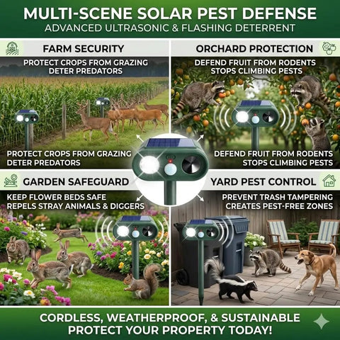 Solar Powered Deer Repellent For Plants And Gardens, Ultrasonic Animal Deterrent With LED Strobe And Adjustable Frequency, Outdoor Garden Pest Control That Keeps Deer And Critters Away From Your Landscaping in green